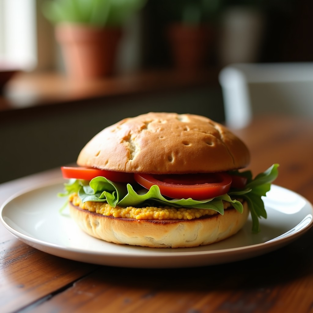 Sándwich vegano abierto sobre tabla de madera, con pan de centeno tostado, hummus cremoso, vegetales asados caramelizados (calabacín, pimiento rojo y cebolla morada), espinacas frescas, tomates cherry y semillas de sésamo. Receta de sándwich de hummus y vegetales asados en pan de centeno crujiente.