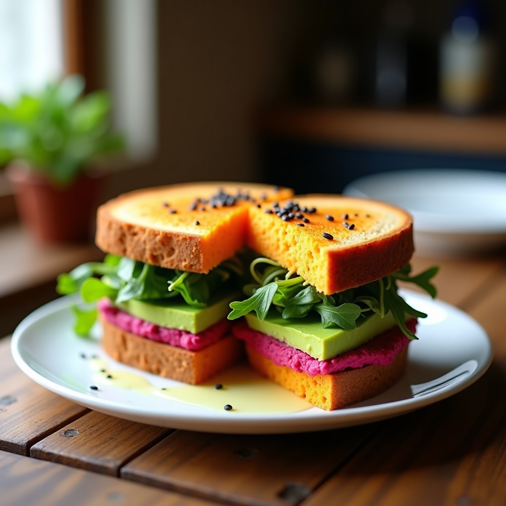 Sándwich de Pan de Batata y Aguacate con Germinados: Desayuno Vegano y Sin Gluten en 10 Minutos