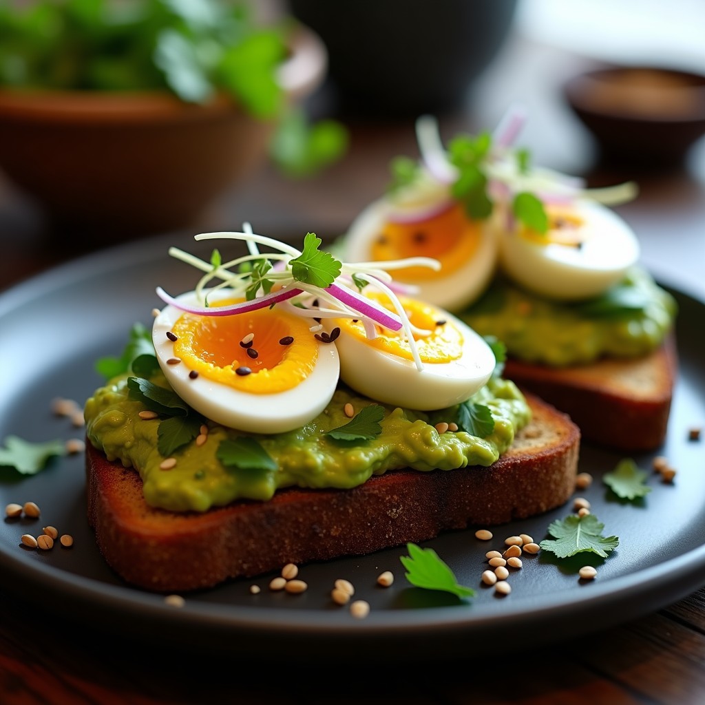 Sándwich abierto de pan de centeno tostado con aguacate cremoso, huevos escabechados en rodajas y semillas de sésamo, servido en un plato rústico de madera con hojas de cilantro fresco.