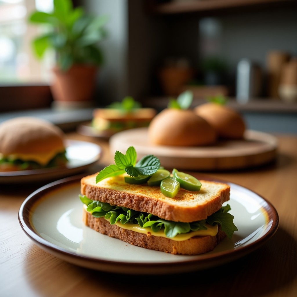 Sándwich abierto de pan de centeno tostado con una capa gruesa de paté verde oscuro de algas nori y aguacate, rodajas finas de pepino persa fresco, semillas de sésamo negro y hojas de cilantro, sobre un plato de madera rústica con fondo difuminado.