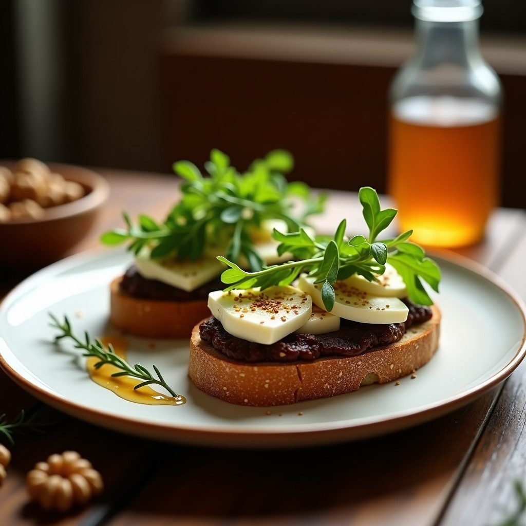 Sándwich griego abierto sobre pan de centeno tostado, con capas de paté de higos oscuro y láminas de queso de oveja blanco, decorado con hojas de menta fresca y un hilo de miel dorada, servido en tabla de madera rústica.