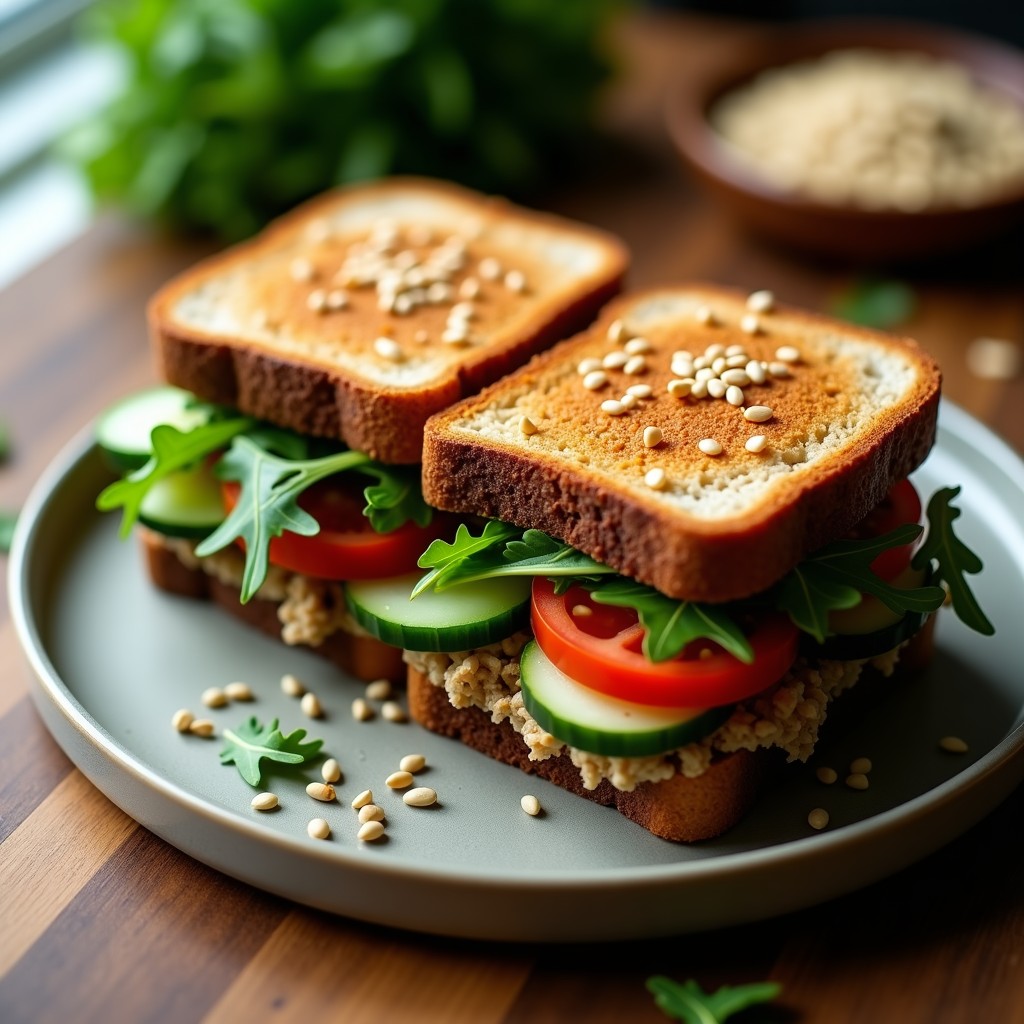 Sándwich vegano abierto de pan de centeno integral con pâté cremoso de lentejas pardinas, rodajas de aguacate verde, tomate rojo y rúcula fresca, espolvoreado con semillas de sésamo tostadas, sobre una tabla de madera rústica con fondo neutro.