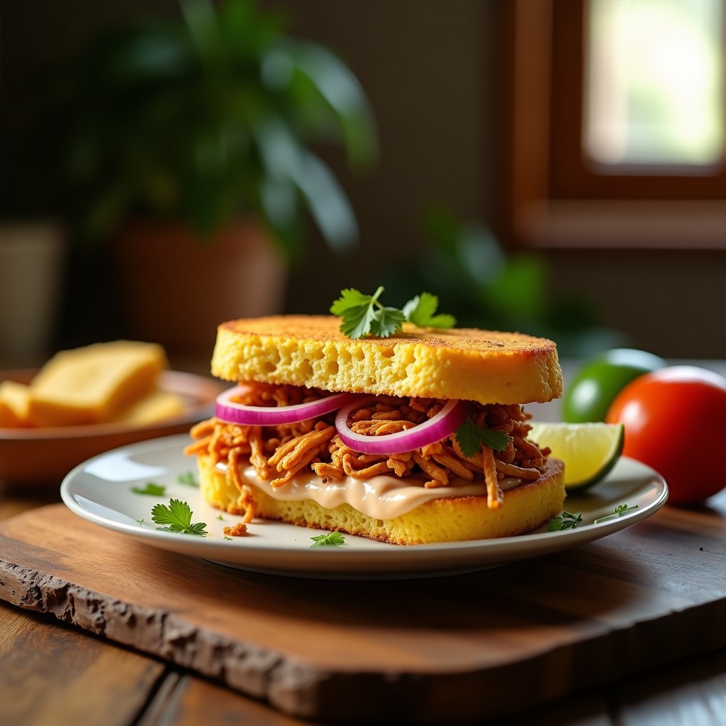 Sándwich abierto de pan de elote dorado en airfryer, relleno de pollo desmenuzado especiado, crema de chipotle, cebolla morada y cilantro fresco sobre hojas de lechuga, con textura crujiente y jugosa.