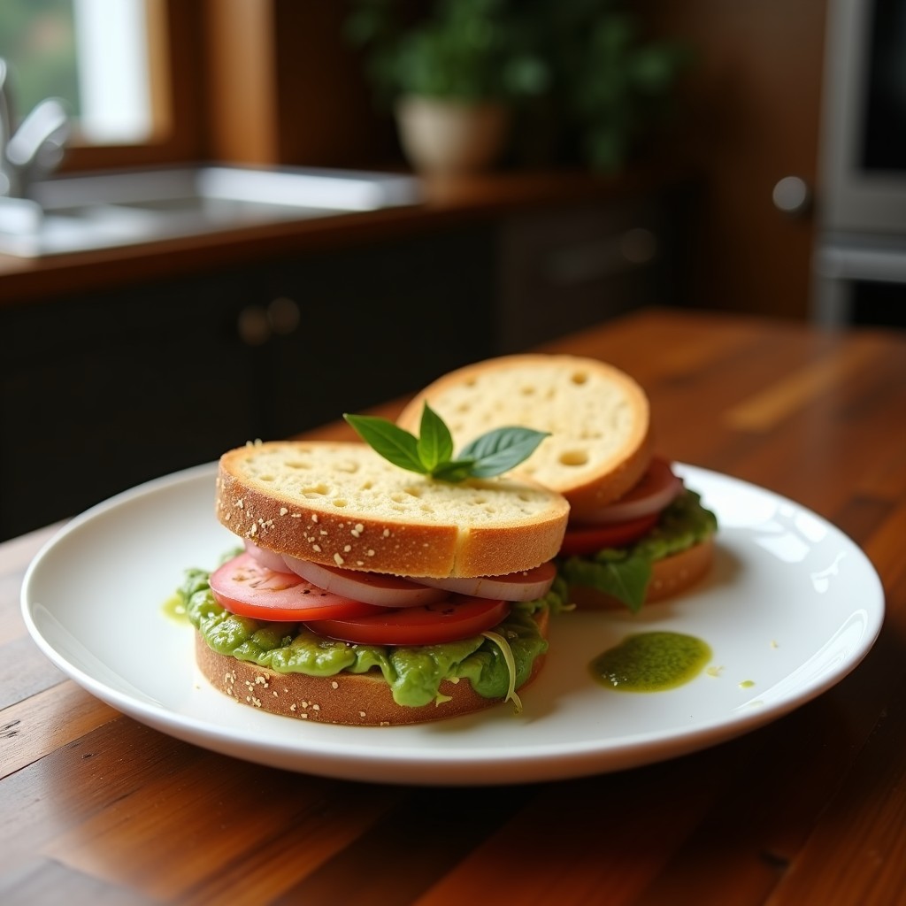 Sándwich de pan de molde integral keto cortado por la mitad, mostrando capas de pechuga de pavo, rodajas de tomate rojo, rúcula baby y pesto de albahaca verde brillante, sobre una tabla de madera rústica con fondo borroso.