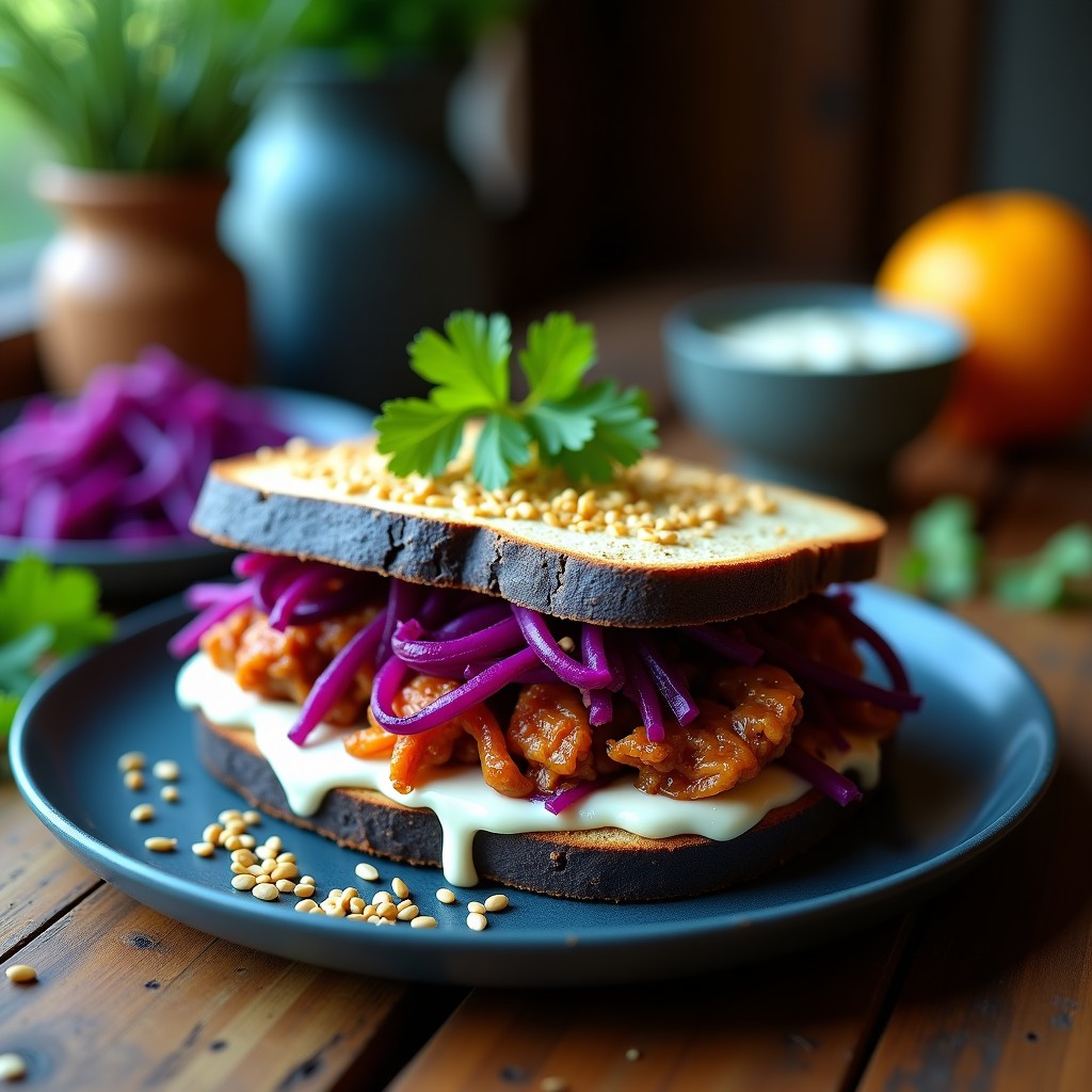 Sándwich vegano crujiente de pan de maíz azul tostado relleno de pulled jackfruit dorado, col morada encurtida morada vibrante y aderezo cremoso de aguacate, servido en un plato rústico con fondo de madera.