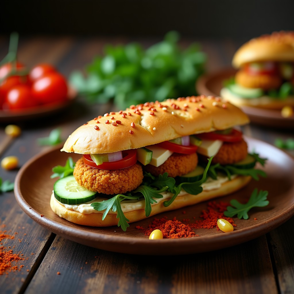 Sándwich abierto de pan de maíz turco dorado relleno de falafel de habas crujientes, salsa de tahini cremosa, pepino encurtido, tomate cherry y rúcula morada, servido en plato de madera rústico con fondo de especias.