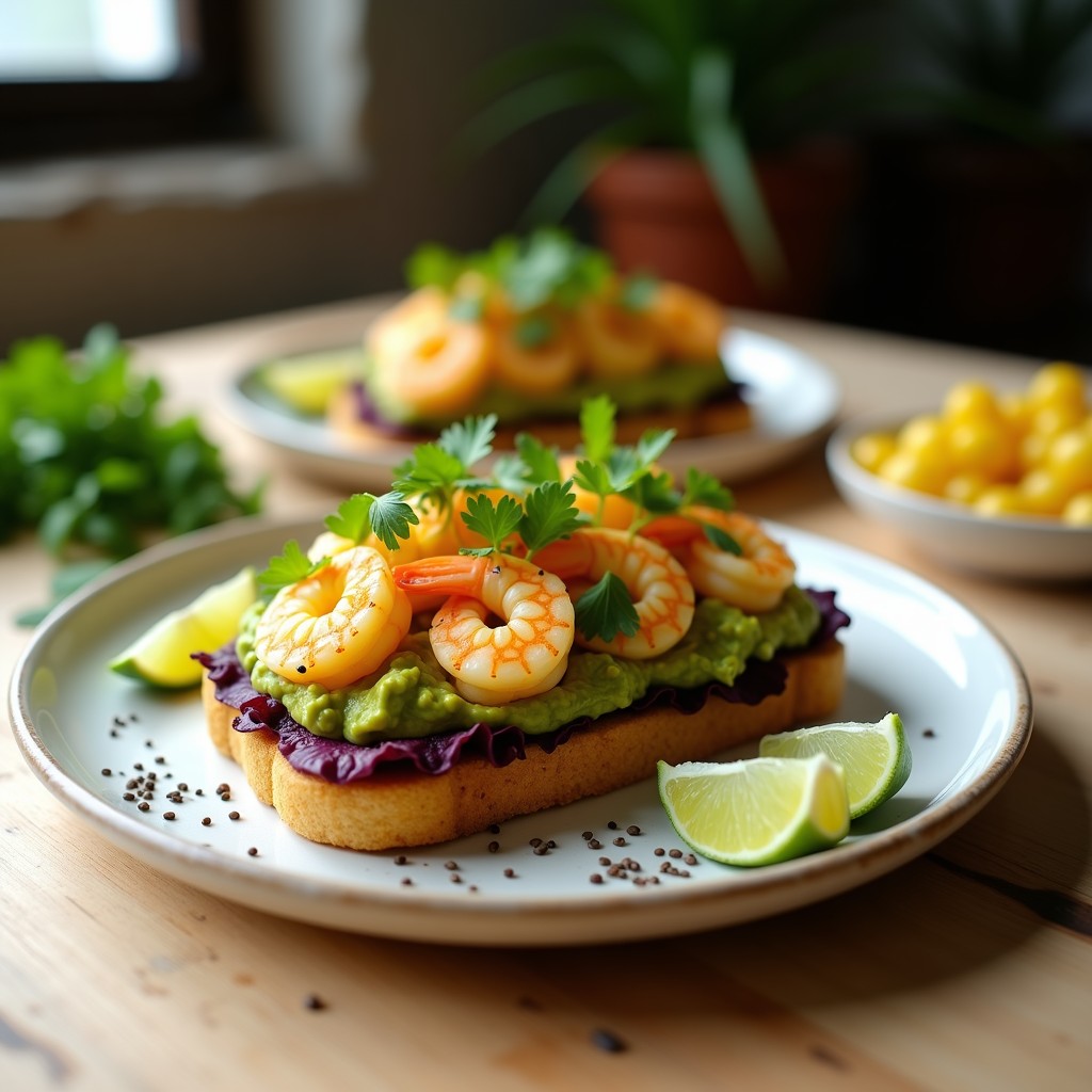 Sándwich abierto de pan de maíz dorado relleno de guacamole cremoso verde, ceviche de camarones rosados con cebolla morada y cilantro, sobre hoja de lechuga morada. Receta sin gluten y alta en Omega-3.