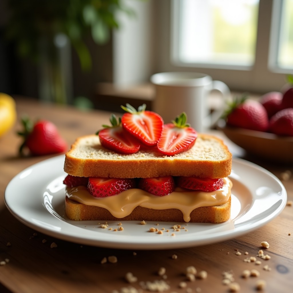 Sándwich de pan de plátano con crema de cacahuete y rodajas de fresa: Desayuno keto en 10 minutos