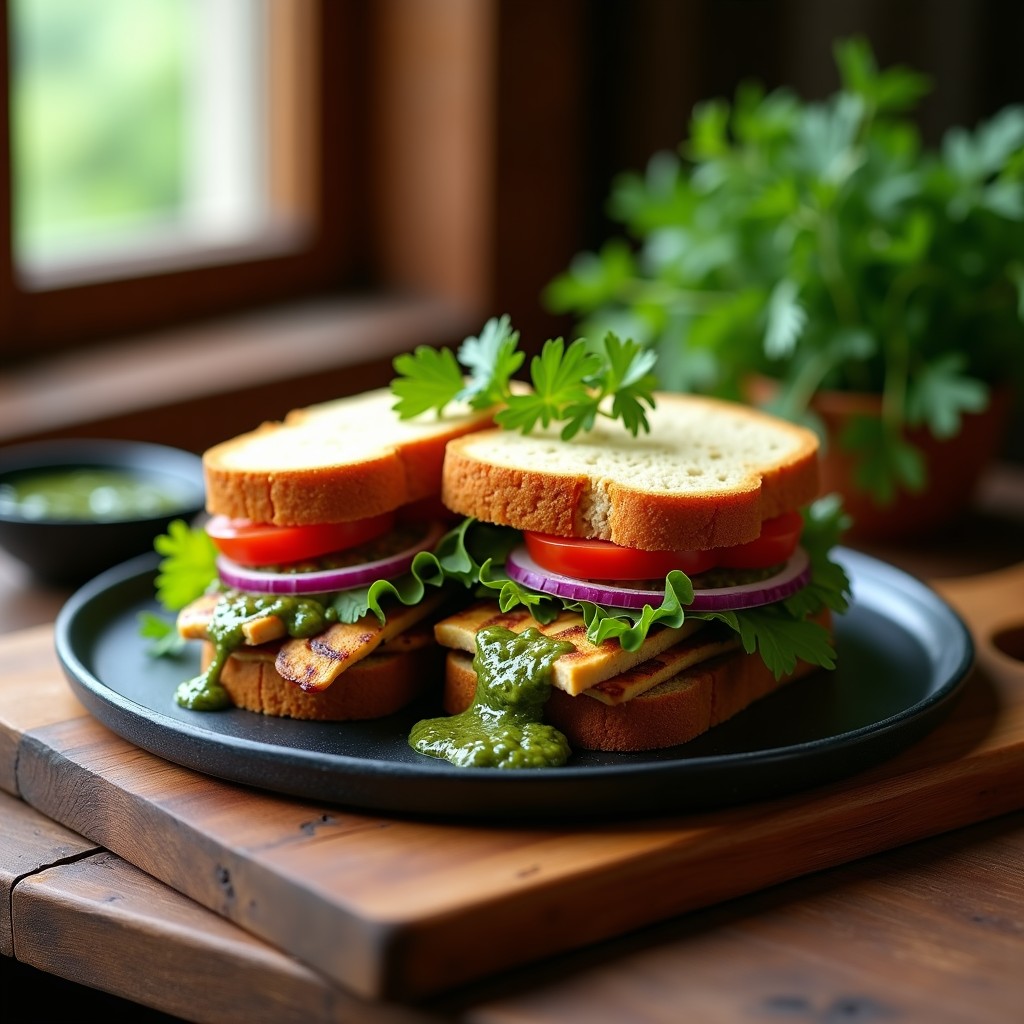 Sándwich abierto de pan de plátano dorado relleno de pollo jugoso al chimichurri, lechuga morada y tomate fresco, servido en tabla de madera con chimichurri extra al lado. Receta argentina sin gluten.