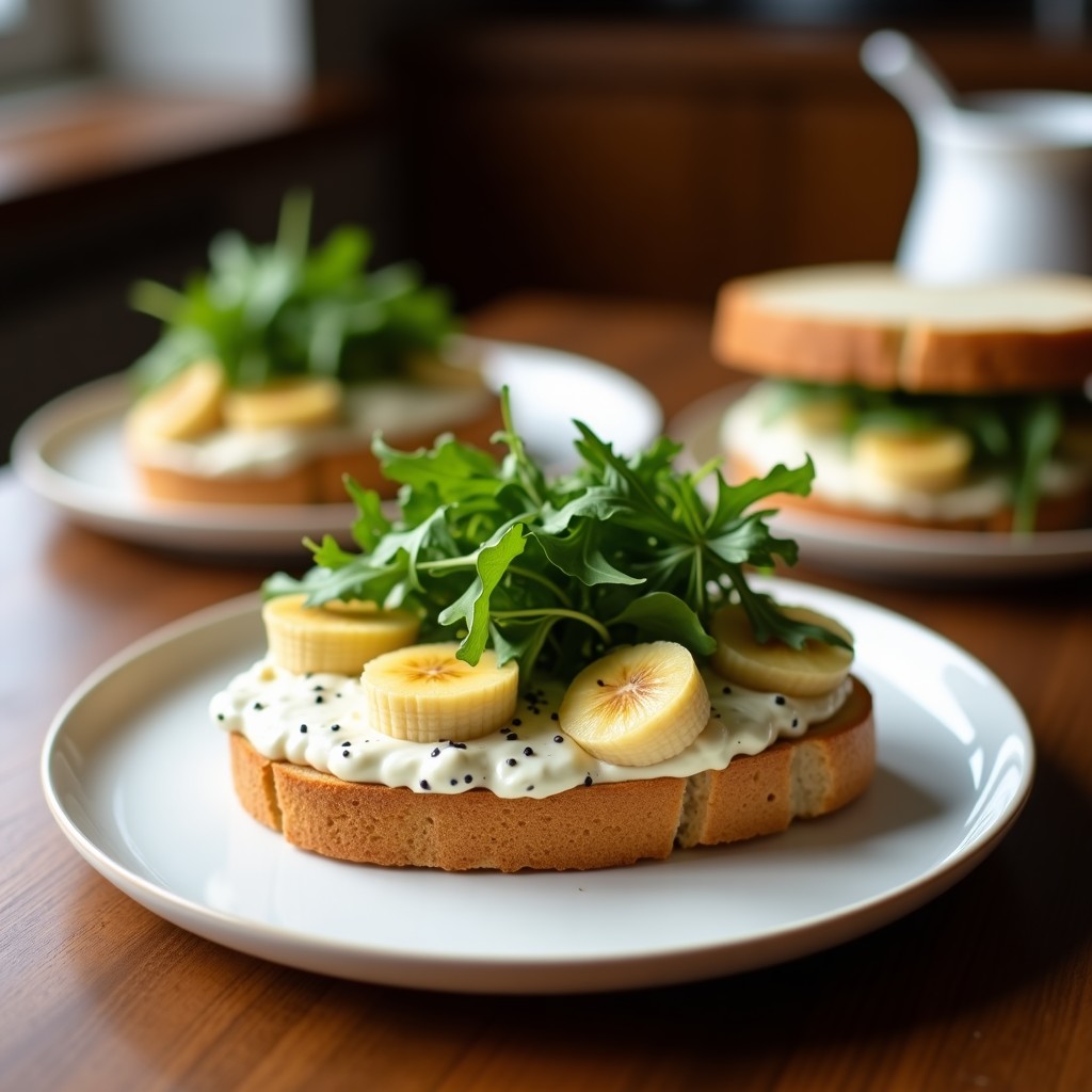 Sándwich abierto de pan de plátano verde tostado con crema de anchoas espesa y rúcula fresca, decorado con semillas de sésamo sobre un plato de madera rústica. Receta keto y sin gluten.
