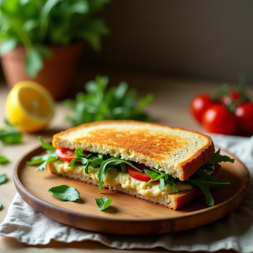 Sándwich abierto de pan de yuca tostado relleno de pâté de alcachofas cremoso, rodajas de tomate cherry rojo y hojas verdes de rúcula, servido en una tabla de madera rústica con un fondo desenfocado.