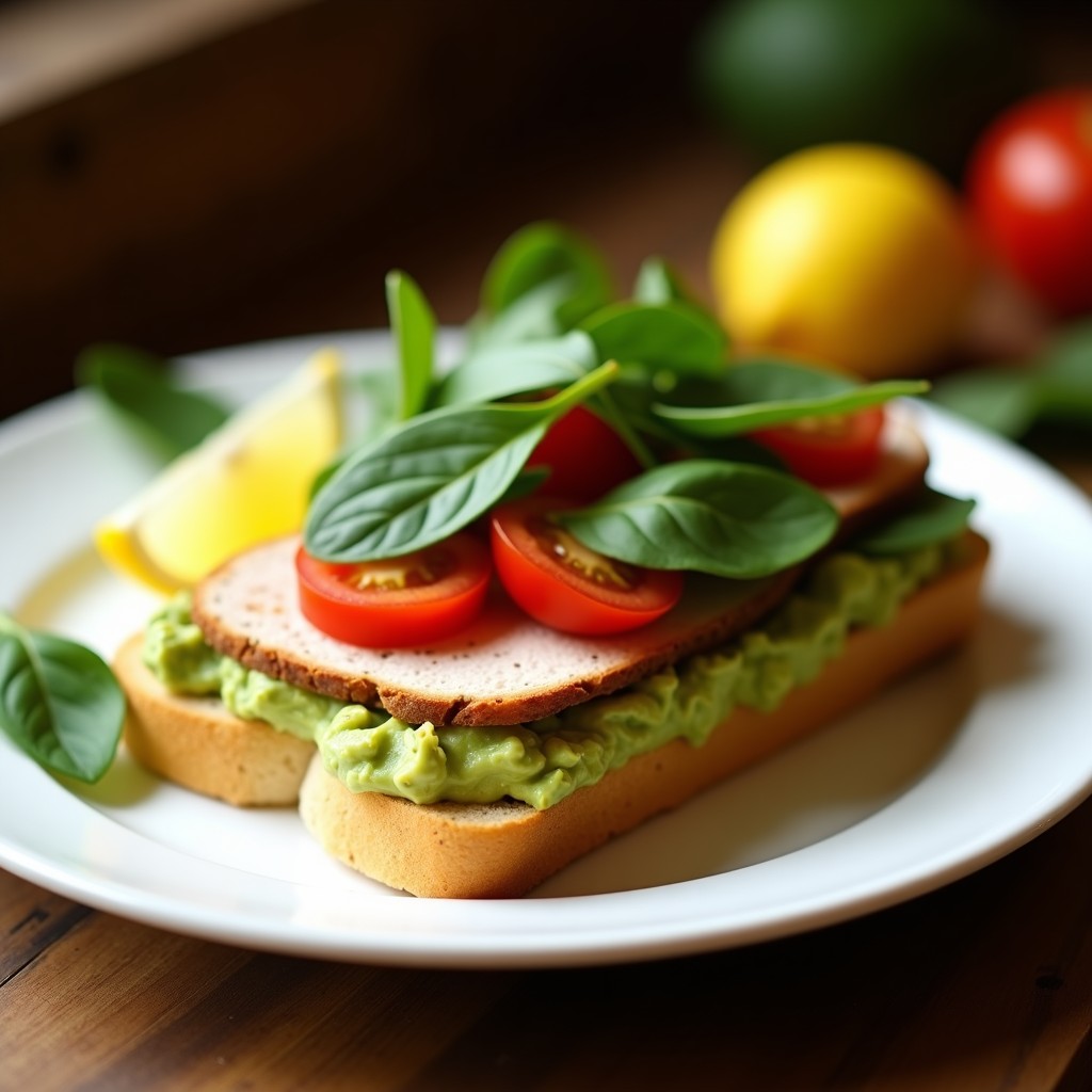 Sándwich abierto de pan de yuca dorado relleno de puré de palta cremoso, láminas de pavo ahumado, espinacas frescas y rodajas de tomate cherry, decorado con semillas de sésamo. Desayuno colombiano rápido, sin gluten y alto en proteína.