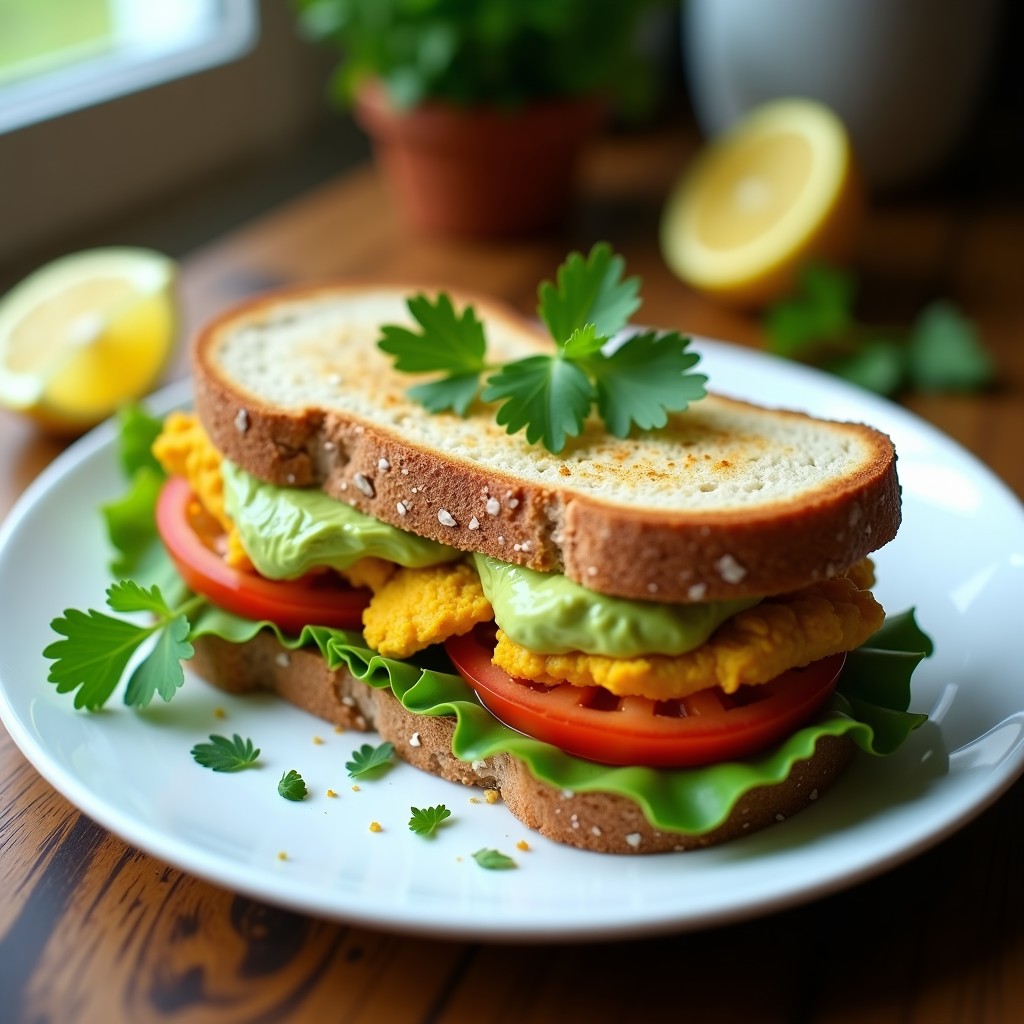 Sándwich abierto de pan integral tostado con capas de lechuga fresca, rodajas de tomate, tiras de pollo al curry dorado y aguacate cremoso, decorado con cilantro. Receta de sándwich de pollo al curry y aguacate en Thermomix, rápido y nutritivo.