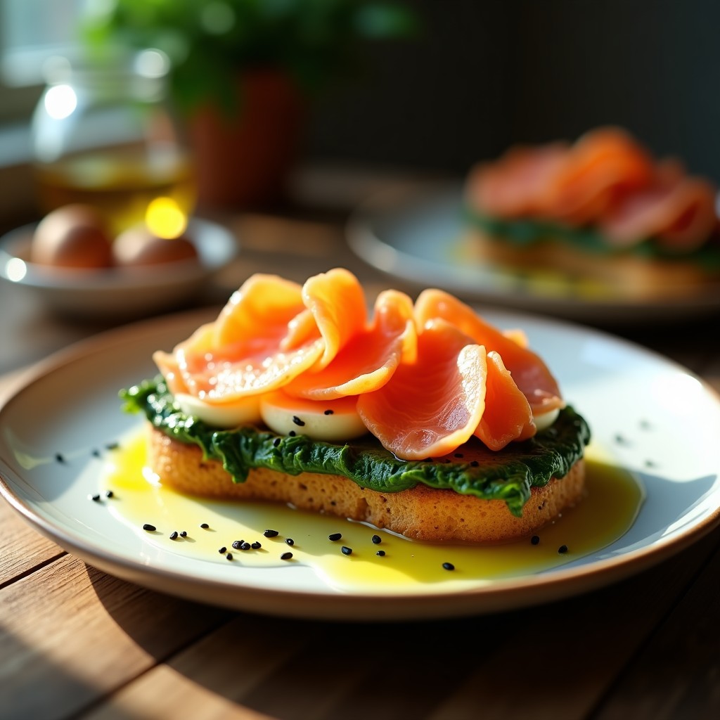 Sándwich abierto keto sin pan con base crujiente de huevo y almendras, crema de espinacas verde vibrante y láminas de salmón ahumado rosado. Decorado con semillas de sésamo negro y un hilo de aceite de oliva sobre fondo rústico.