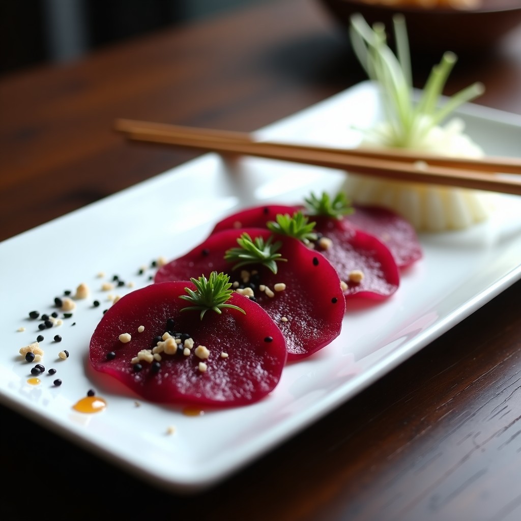 Plato blanco minimalista con sashimi de remolacha marinada en láminas finas, acompañado de juliana de rábano daikon, tiras de alga nori, semillas de sésamo y cebollino. Presentación elegante estilo japonés con toques de marinada brillante y wasabi vegano al lado.
