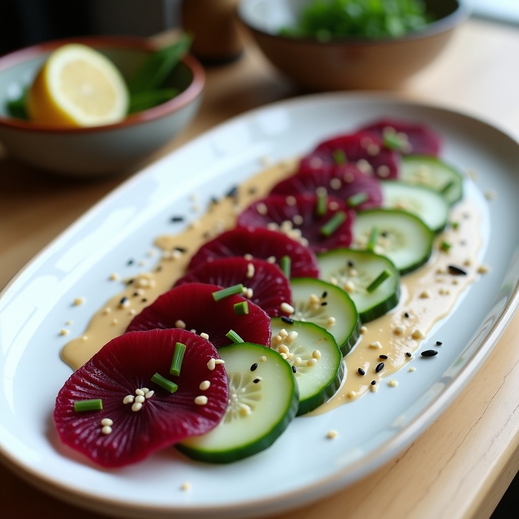 Plato blanco alargado con sashimi vegano crudivegano de remolacha y pepino en láminas finas, dispuestas en abanico. Aliño cremoso de sésamo y tahini con decoración de semillas de sésamo negro y blanco, cebollino picado y ralladura de limón sobre fondo minimalista.