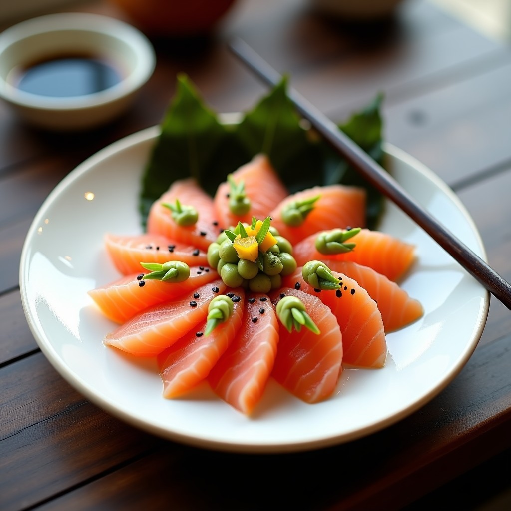 Plato blanco minimalista con láminas de sashimi de salmón fresco dispuestas en abanico, acompañadas de una salsa cremosa de wasabi y cubos de mango amarillo. Decorado con semillas de sésamo negro, cebollino picado y una rodaja de lima al lado. Fondos borrosos para resaltar la textura del pescado y el brillo de la salsa.
