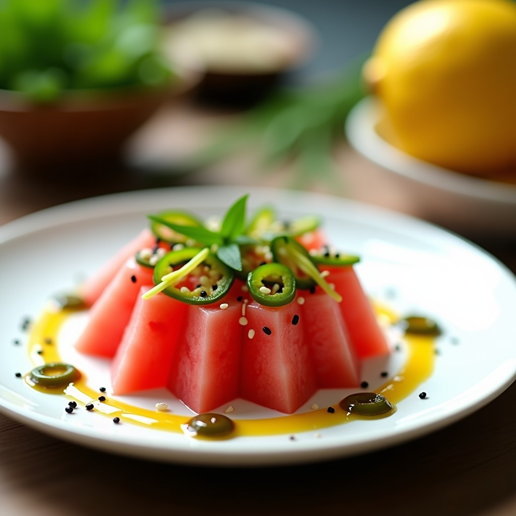 Plato blanco minimalista con sashimi de sandía en láminas rectangulares, rodajas finas de jalapeño verde, hojas de menta fresca y vinagreta de yuzu brillante. Decorado con semillas de sésamo negro y cebollino picado, sobre fondo de madera clara.