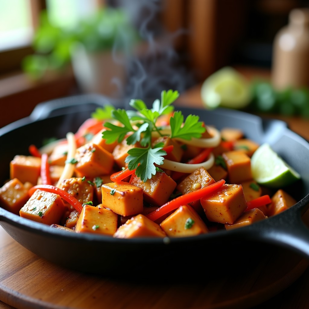 Plato de satay de tofu y cacahuete tailandés en sartén, con tofu dorado cubierto de salsa picante de cacahuete, cebolla morada, pimiento rojo y cilantro fresco. Fondo rústico con hojas de kaffir.