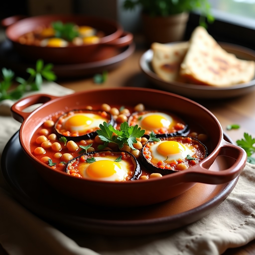 Sartén de hierro con shakshuka vegana de berenjenas y garbanzos, salsa espesa de tomate y especias, decorada con perejil fresco y semillas de sésamo, acompañada de rebanadas de pan integral tostado.