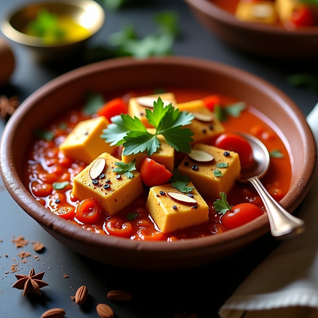 Cazuela de barro con shakshuka vegana: salsa espesa de tomate y pimientos asados con trozos de tofu sedoso, espolvoreada con perejil fresco y especias norteafricanas. Plato colorido y aromático, ideal para receta en olla exprés.