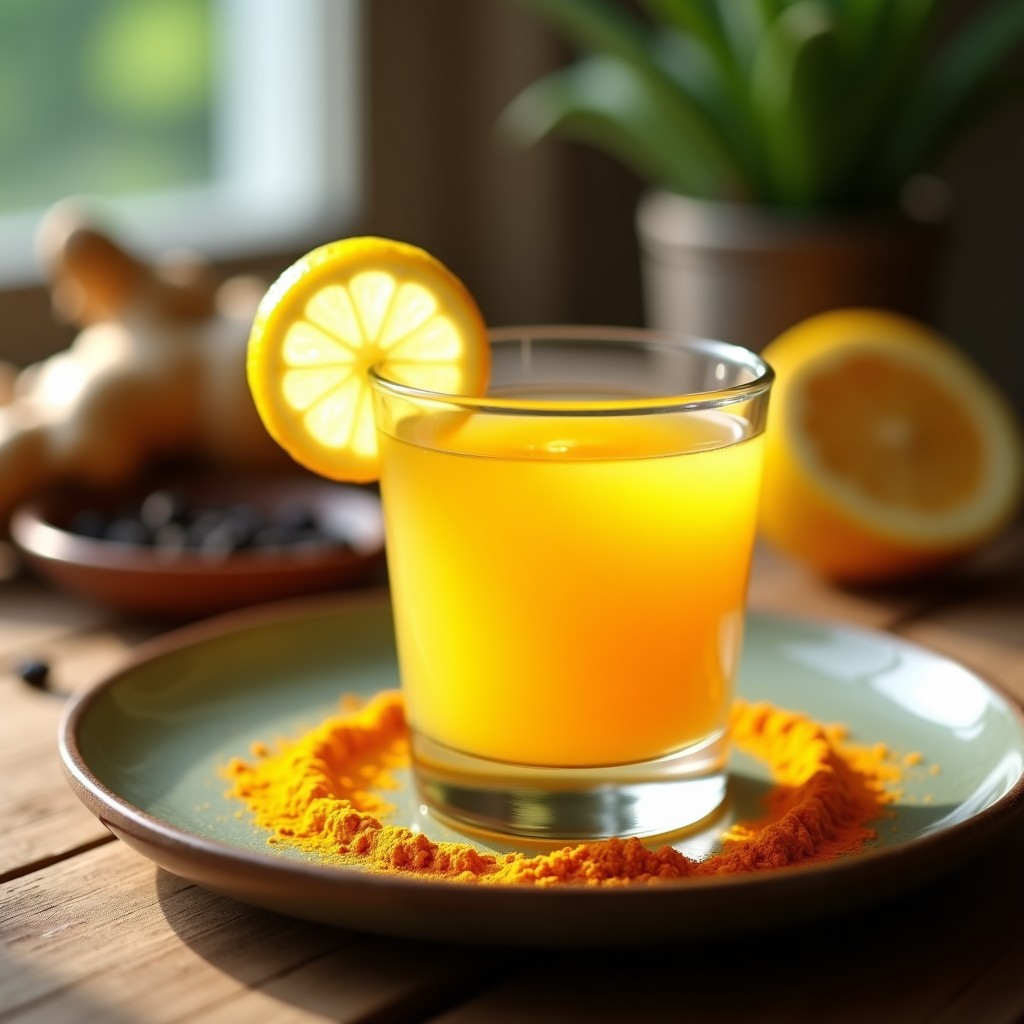 Vaso pequeño tipo shot con líquido dorado y vibrante, decorado con una rodaja de limón y polvo de cúrcuma espolvoreado en el borde, sobre una mesa de madera rústica con raíces de jengibre y cúrcuma frescas al fondo. Bebida antiinflamatoria express de jengibre, cúrcuma y limón.