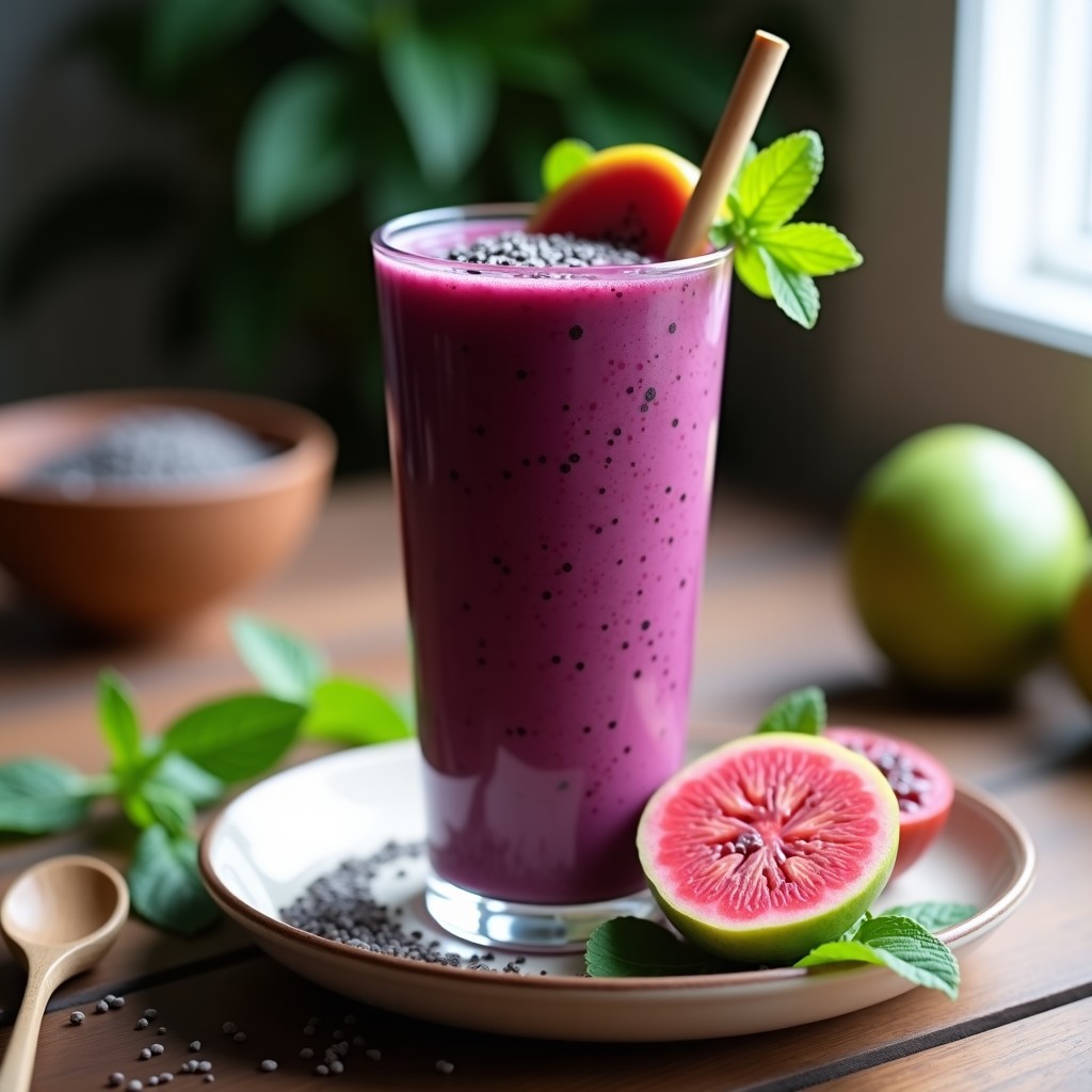 Vaso alto de cristal con smoothie de açaí y guayaba de color morado intenso, decorado con semillas de lino y una rodaja de guayaba, sobre fondo de madera con hojas tropicales y una cuchara de madera.