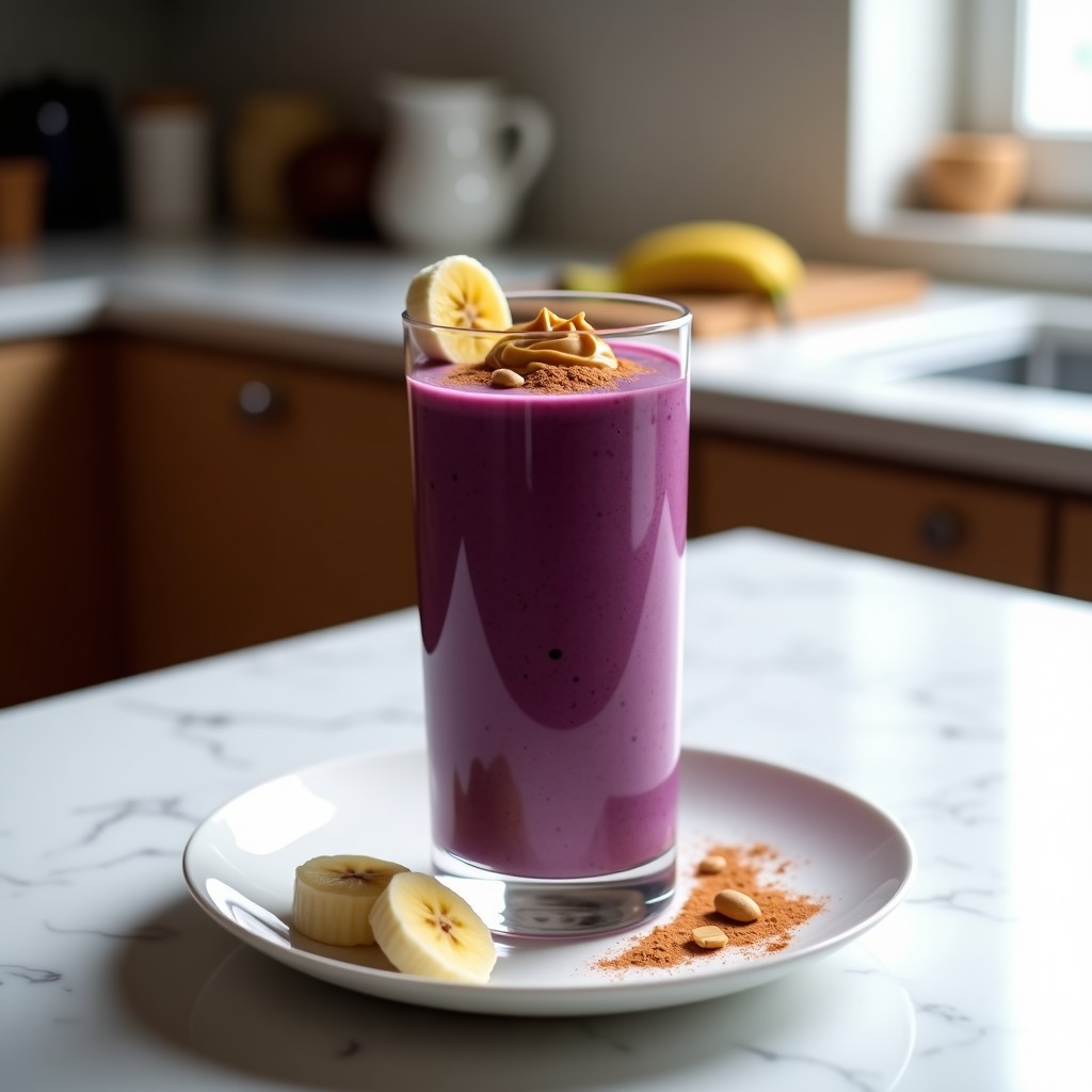 Vaso alto transparente con smoothie de açaí, plátano y cacahuete, de color morado intenso y textura cremosa, decorado con un hilo de mantequilla de cacahuete y una pizca de canela en polvo sobre fondo blanco.