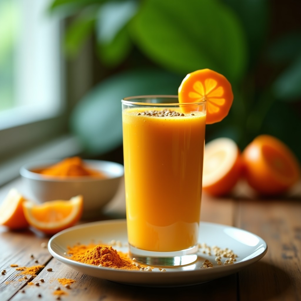 Vaso alto de cristal con smoothie de acerola y cúrcuma, color naranja vibrante, decorado con semillas de cáñamo y una rodaja de acerola fresca. Fondo con hojas de palma y luz natural.