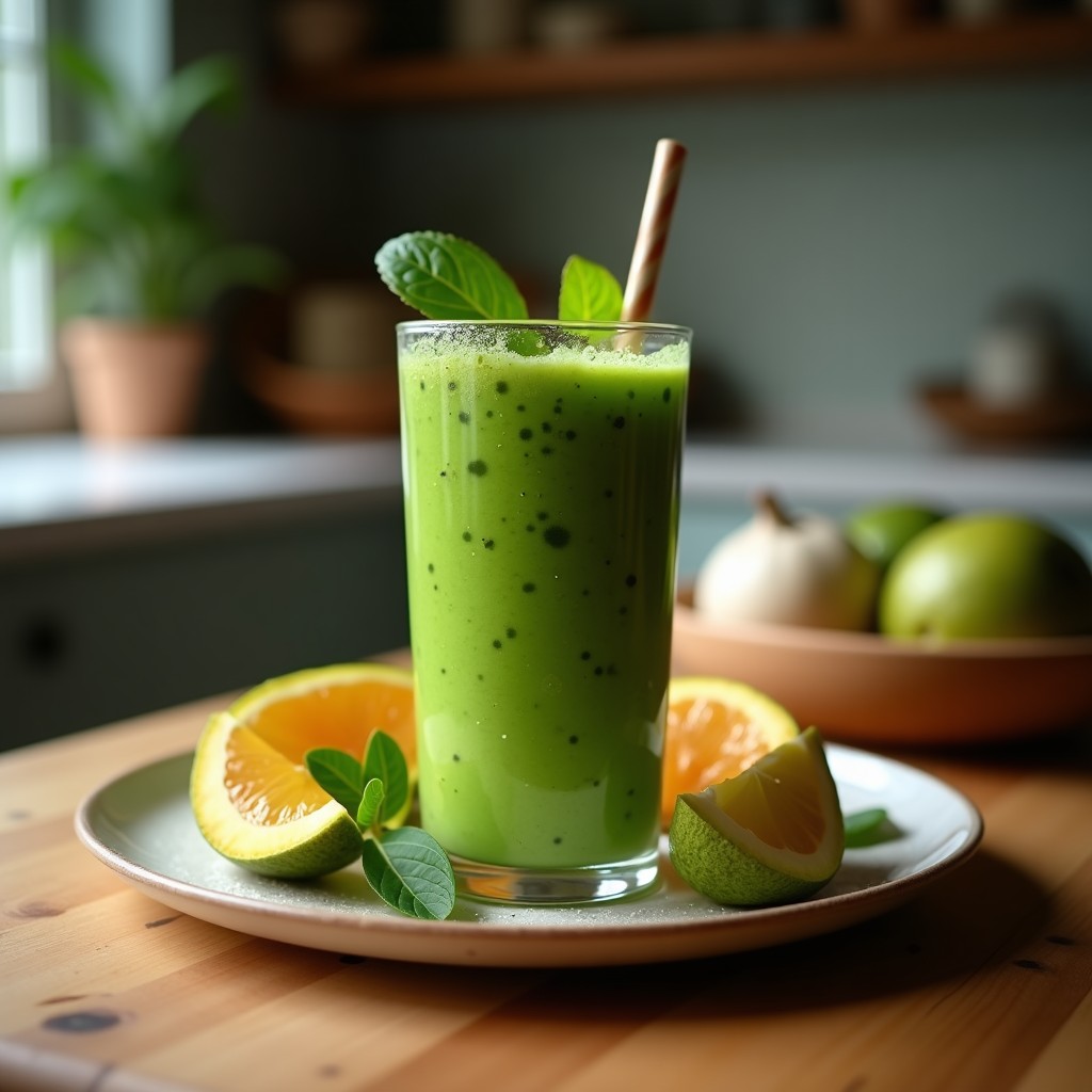 Vaso alto transparente con smoothie de acerola y espirulina con agua de coco, de color verde vibrante con toques naranjas, decorado con semillas de chía y hojas de menta, sobre una mesa de madera con ingredientes alrededor: plátano, pulpa de acerola y espirulina en polvo.
