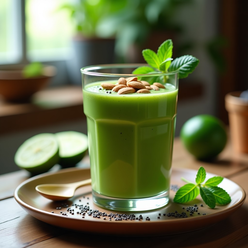 Vaso alto de cristal con smoothie verde intenso de acerola y espirulina, decorado con almendras fileteadas y semillas de chía, sobre una mesa de madera con hojas de menta y rodajas de limón verde.