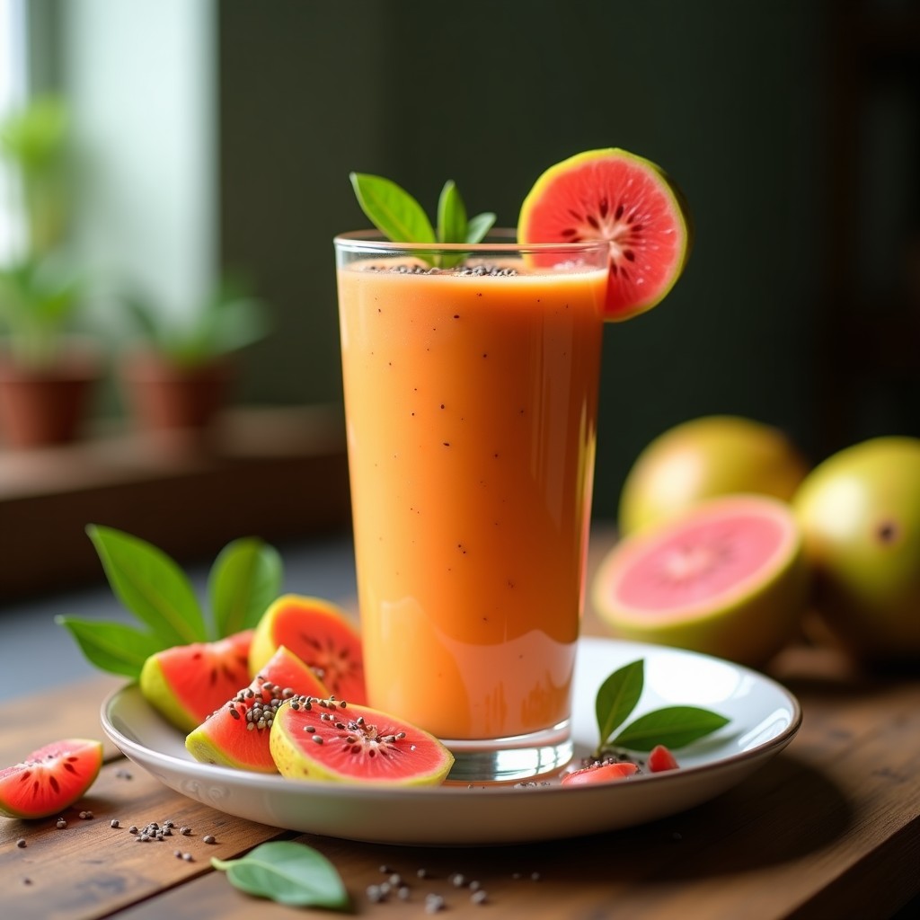 Vaso alto transparente con smoothie cremoso de color naranja intenso, decorado con semillas de chía y una rodaja de guayaba, sobre fondo de madera rústica con hojas verdes de acerola dispersas.