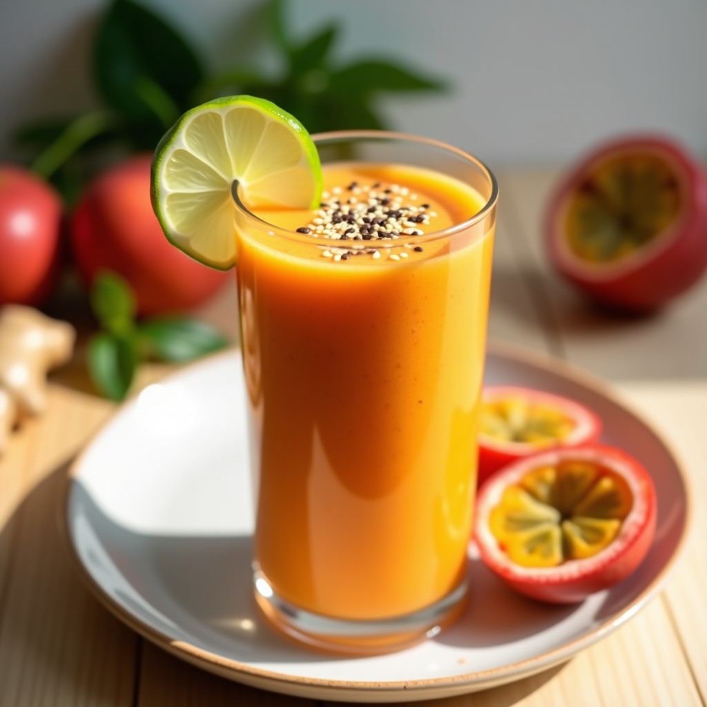 Vaso alto transparente con smoothie de acerola y jengibre, de color naranja intenso, decorado con una rodaja de limón y hojas de menta fresca. Fondo con ingredientes naturales como pulpa de acerola, jengibre y semillas de chía.
