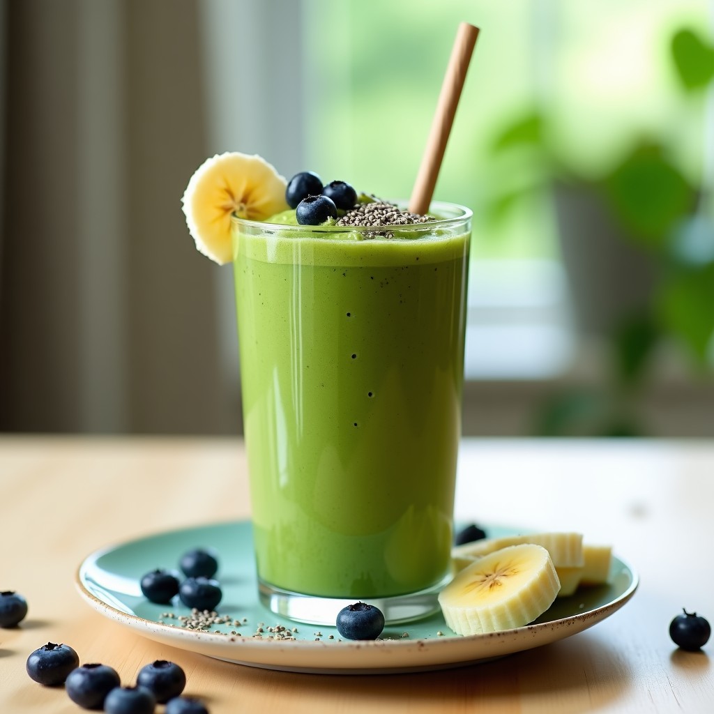 Vaso alto transparente con smoothie antioxidante de color verde azulado, decorado con semillas de chía y rodajas de plátano, servido con una pajita de papel sobre fondo de madera clara.