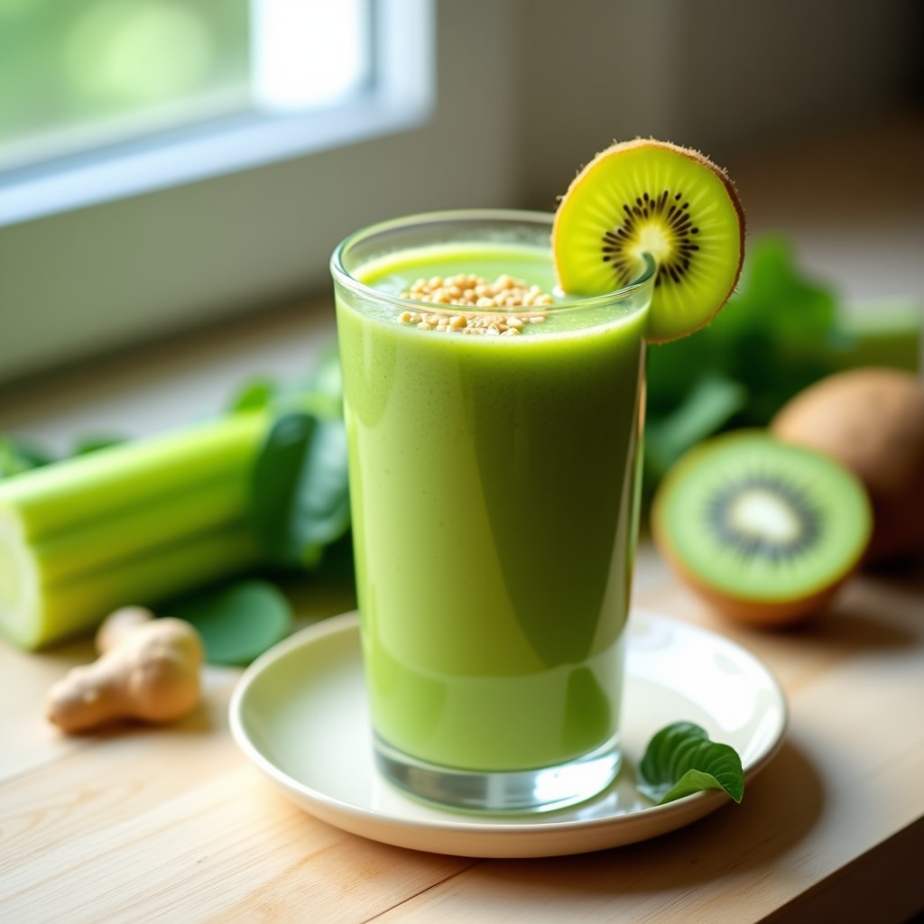 Vaso alto transparente con smoothie verde vibrante de apio y kiwi, decorado con semillas de lino doradas y una rodaja de kiwi en el borde. Fondo claro con hojas de apio y espinacas frescas alrededor.