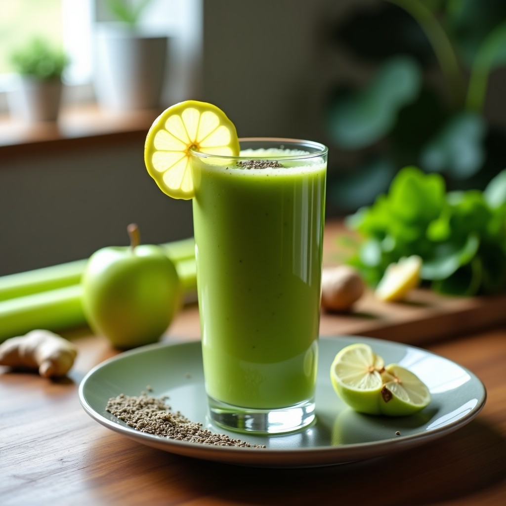 Vaso alto transparente con smoothie verde espeso de apio y manzana, coronado con semillas de chía y una rodaja de limón. Fondo de encimera de madera con ingredientes frescos: tallos de apio, manzana verde cortada y jengibre. Receta detox y depurativa.