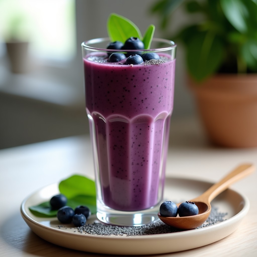 Vaso alto de cristal con smoothie de arándanos y espinacas con proteína de guisante, de color morado intenso, decorado con semillas de chía y arándanos frescos. Fondo de encimera de madera con ingredientes dispersos: espinacas, arándanos y un tarro de proteína de guisante.