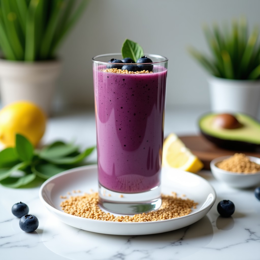 Vaso alto transparente con smoothie morado vibrante de arándanos y semillas de lino, decorado con semillas de lino y arándanos frescos, sobre fondo blanco con hojas de espinaca y rodajas de limón.