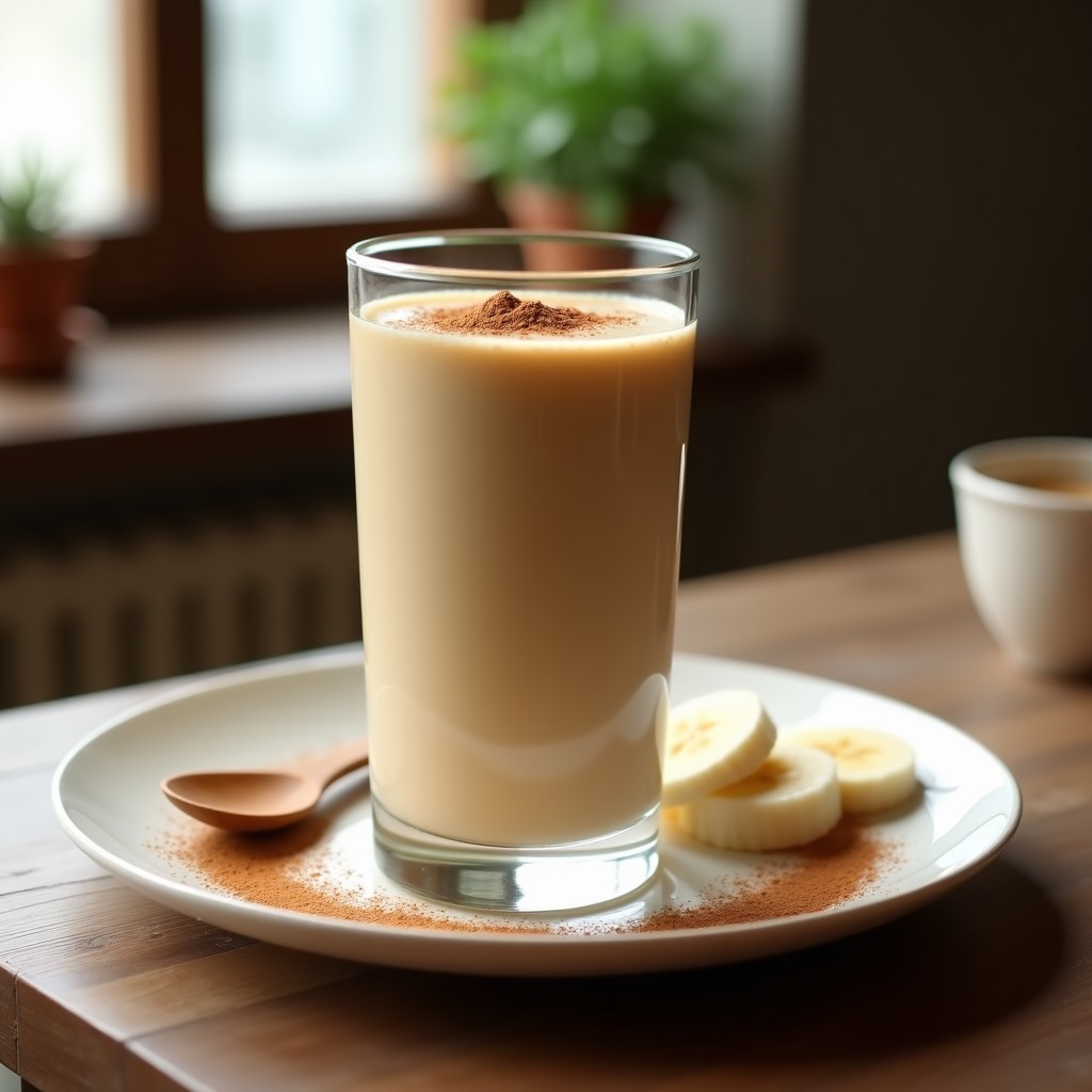 Vaso alto de cristal con smoothie de avena y café con protein powder, textura cremosa y espesa, decorado con canela en polvo y una rodaja de plátano. Fondo neutro con copos de avena y granos de café esparcidos.
