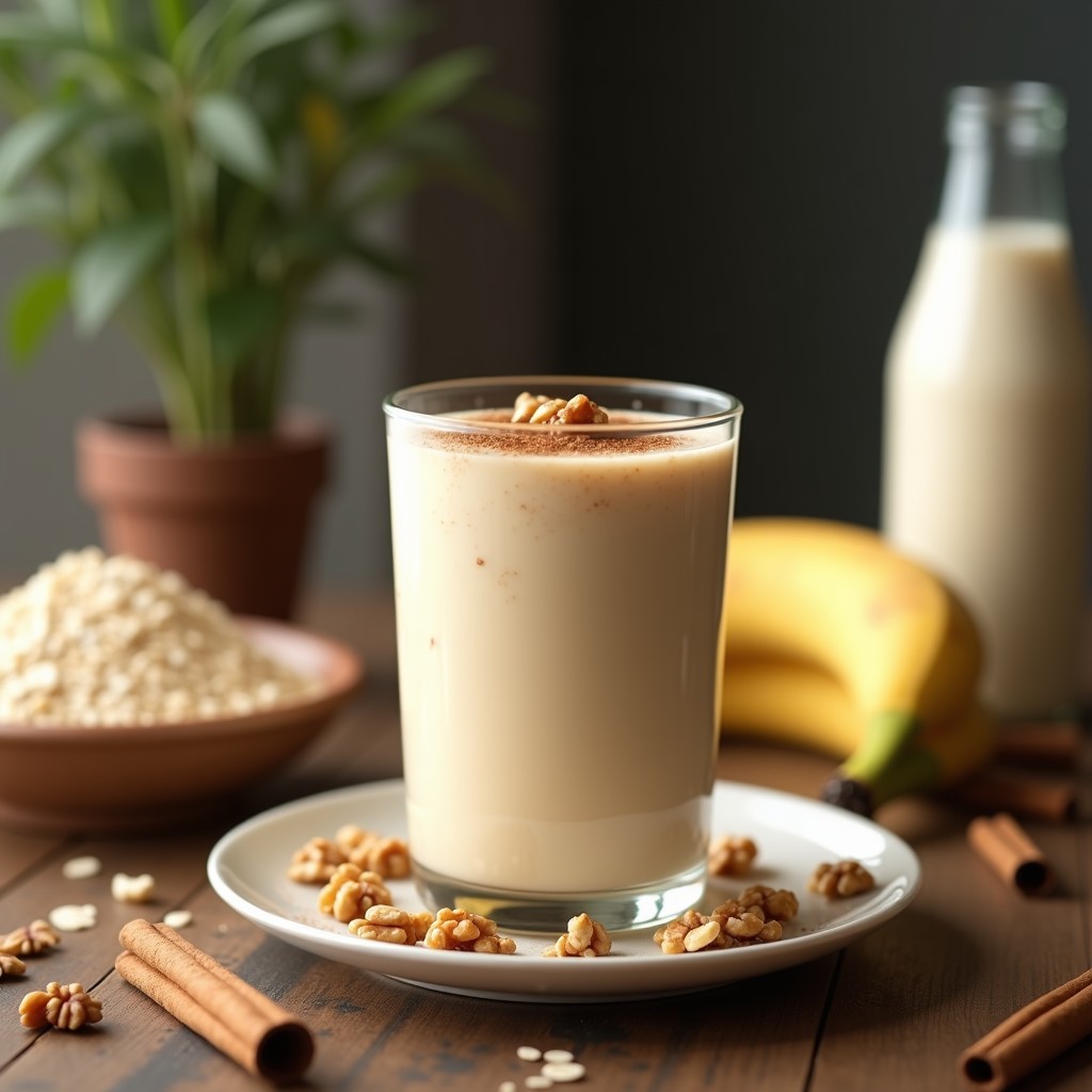 Vaso alto de cristal con smoothie cremoso de color beige claro, decorado con una pizca de canela en polvo en la superficie. Al fondo, copos de avena y semillas de chía esparcidas sobre una tabla de madera rústica. Luz natural que resalta la textura sedosa de la bebida vegana para el colesterol.