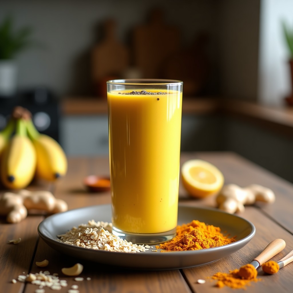 Vaso alto transparente con smoothie dorado de avena y cúrcuma, coronado con semillas de chía y una pizca de cúrcuma en polvo, sobre fondo de madera rústica con ingredientes dispersos: anacardos, avena, plátano y jengibre fresco.