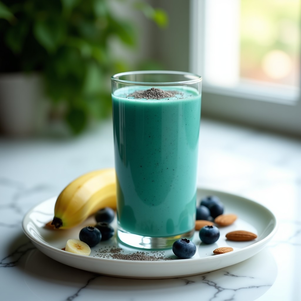 Vaso alto transparente con smoothie azul vibrante de algas espirulina, decorado con semillas de chía y espirulina en polvo, sobre fondo blanco con frutas frescas.