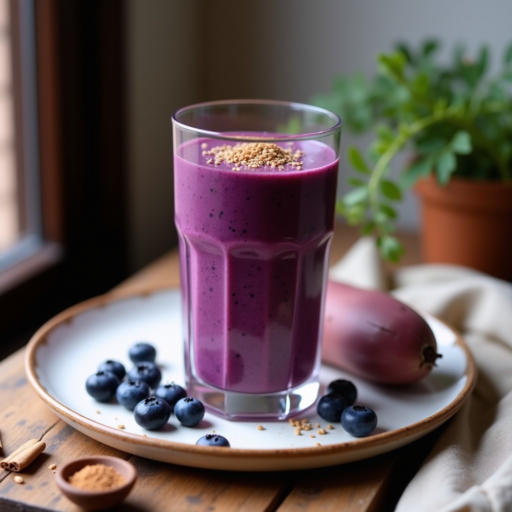 Vaso alto transparente con smoothie morado vibrante de batata, arándanos y maca, decorado con semillas de lino y canela en polvo, sobre fondo de madera rústica con ingredientes dispersos.