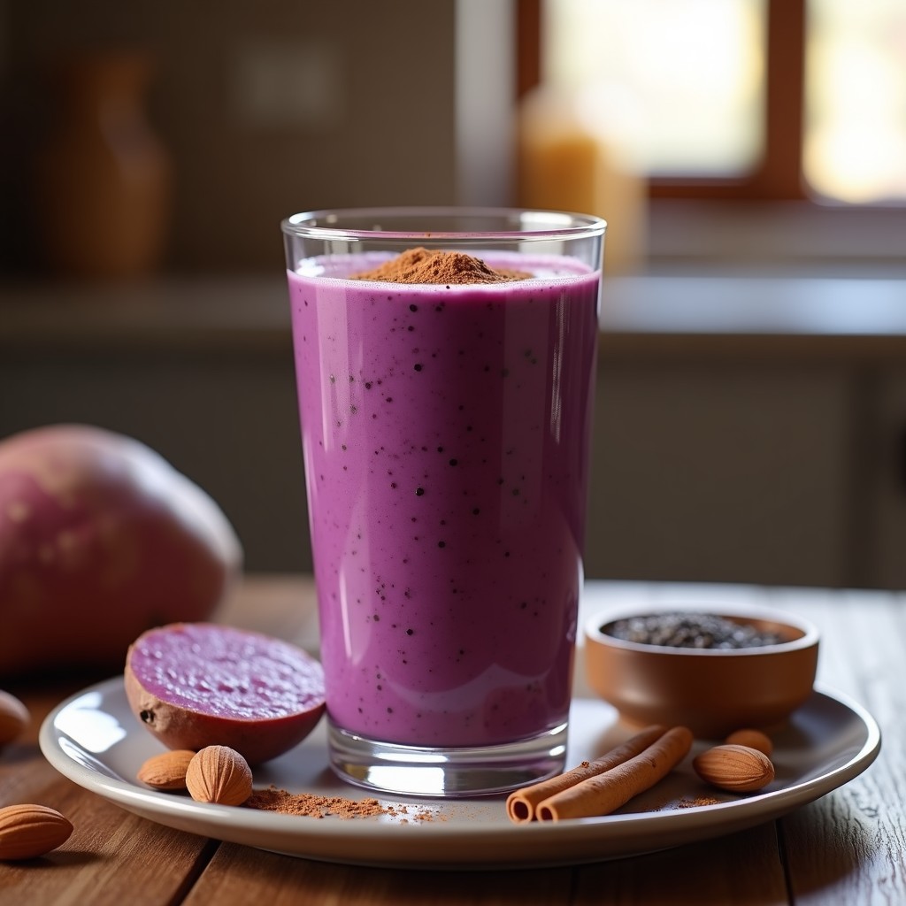 Vaso alto transparente con smoothie morado cremoso de batata asada y canela, decorado con semillas de chía y una pizca de canela en polvo, sobre una mesa de madera rústica con ingredientes alrededor.