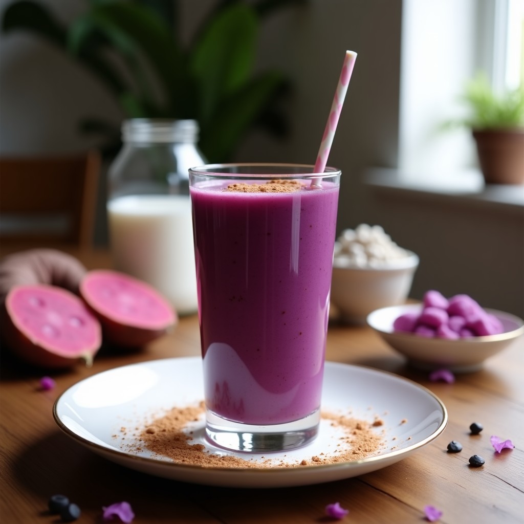 Vaso alto de cristal con Smoothie de Batata Morada, Acerola y Semillas de Sacha Inchi, de color morado intenso, decorado con semillas de sacha inchi y canela en polvo, sobre una mesa de madera con ingredientes al fondo: batata morada cocida, pulpa de acerola y leche de almendras.