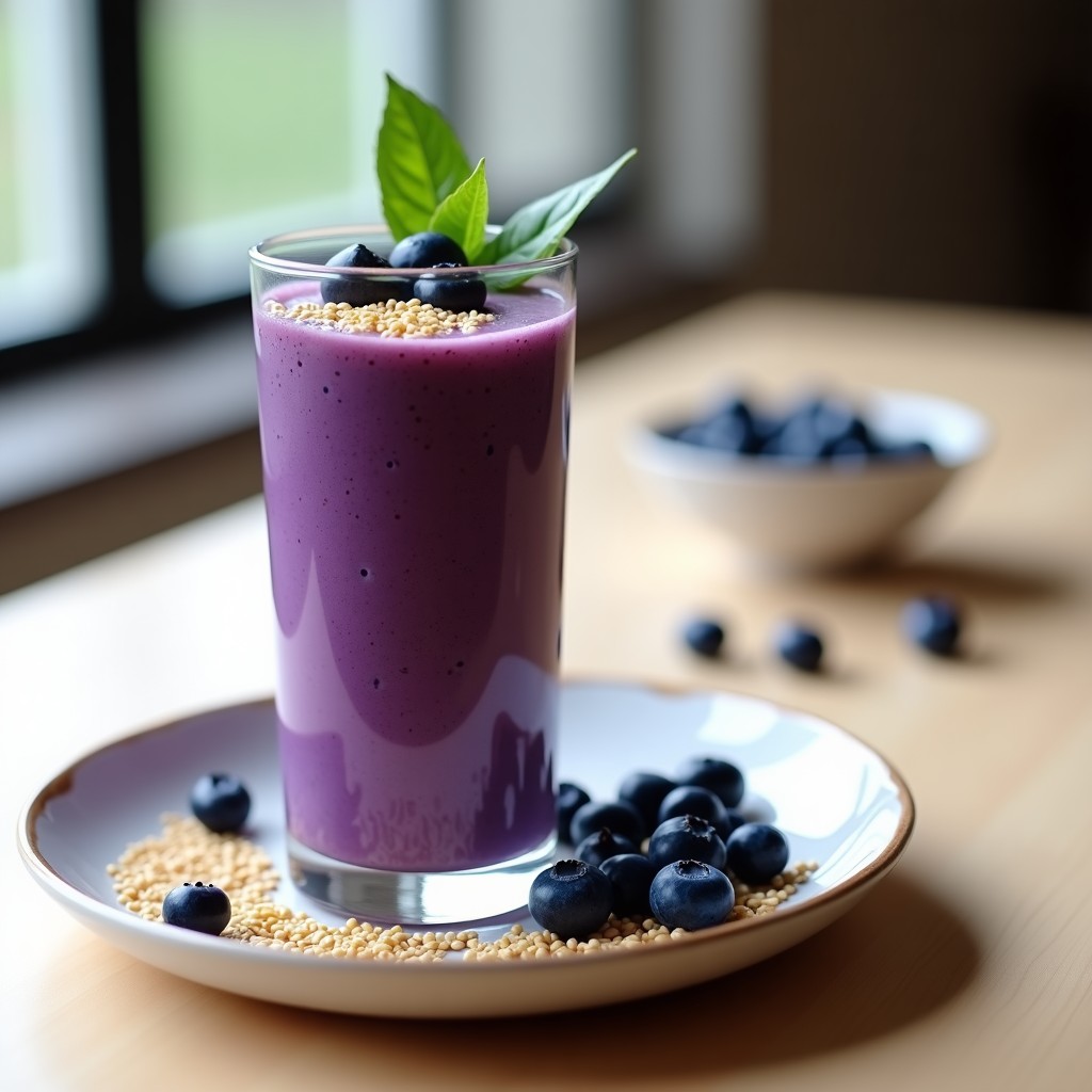 Vaso alto transparente con smoothie de color morado intenso, decorado con semillas de lino dorado y arándanos azules frescos, sobre una mesa de madera rústica con fondo desenfocado. Receta de desayuno antioxidante y keto en 5 minutos.