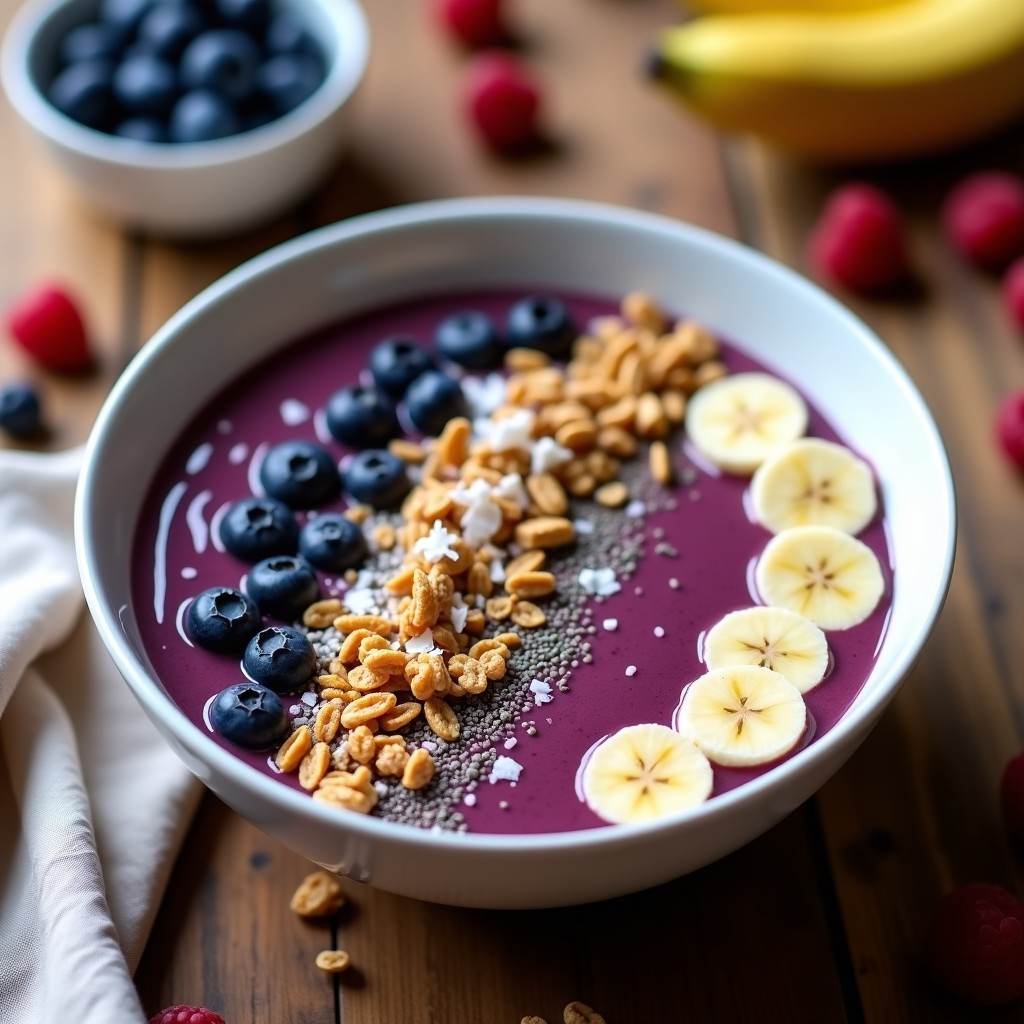 Smoothie bowl de açaí y banana proteico en bol blanco, con capas moradas y toppings de granola, arándanos, semillas de chía y coco rallado sobre fondo rústico de madera.