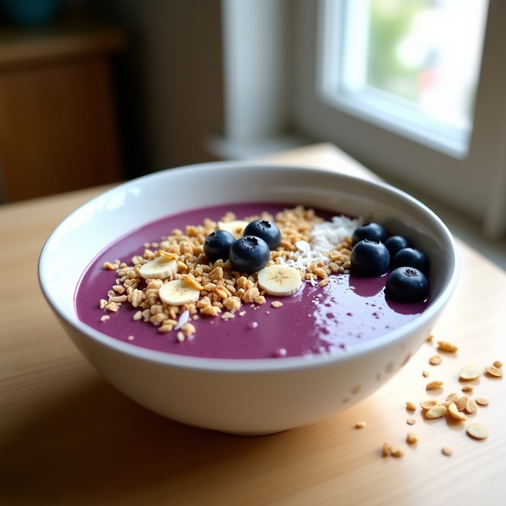 Smoothie bowl de açaí y banano proteico en bol blanco, decorado con arándanos, granola, coco rallado y almendras fileteadas sobre fondo de madera clara.