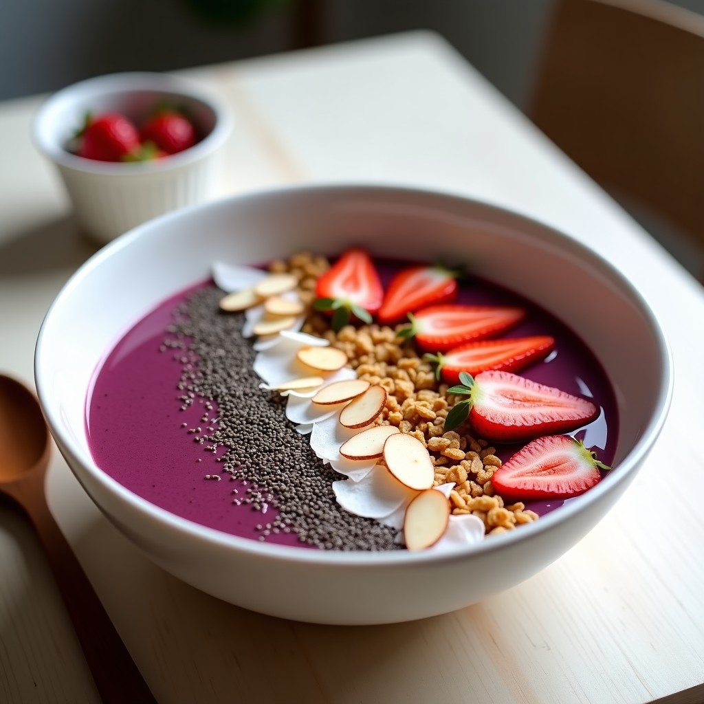 Smoothie bowl de açai en bol blanco con toppings coloridos: granola, coco rallado, almendras, fresas y semillas de chía, servido con cuchara de madera sobre fondo claro.