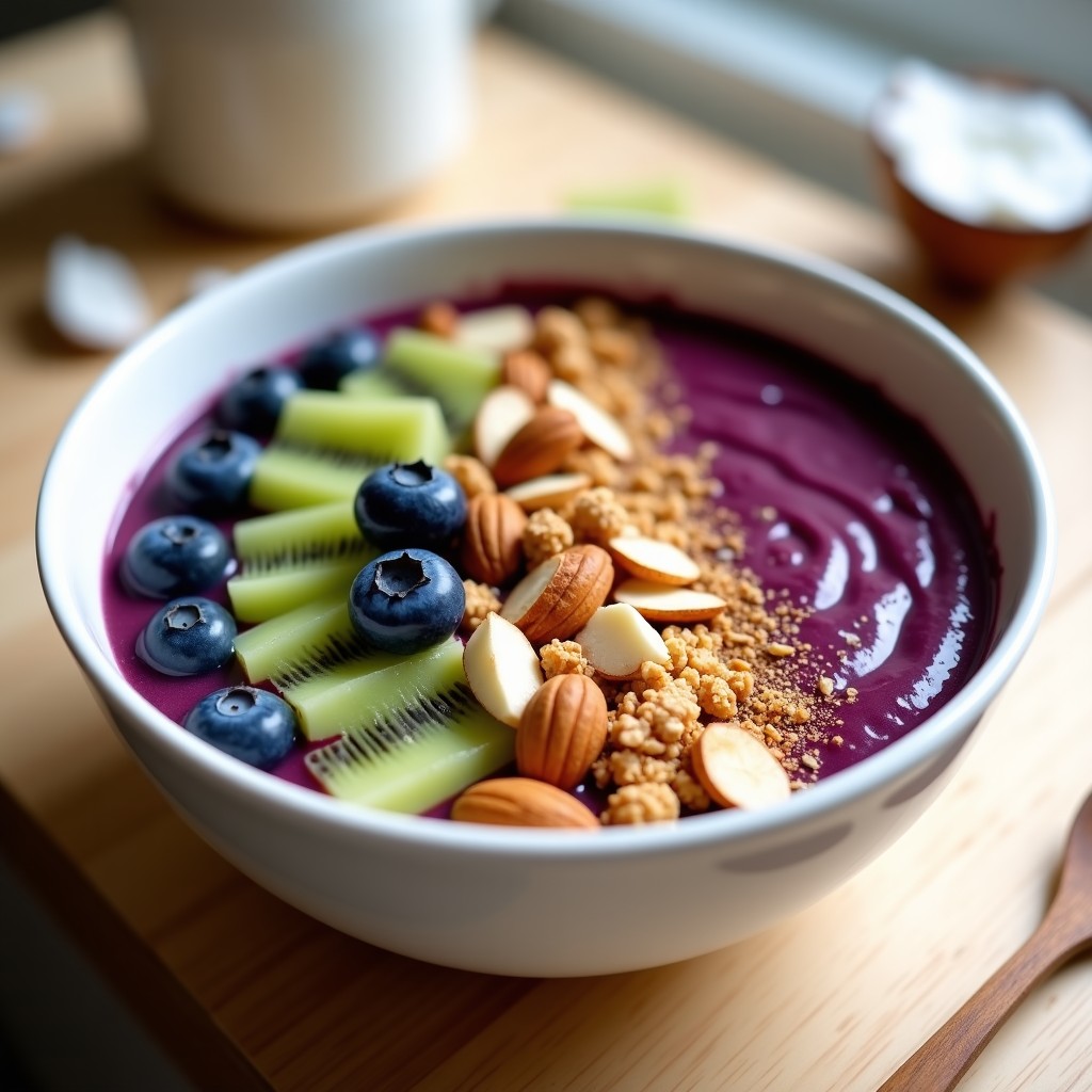Smoothie bowl de açaí con textura cremosa morada oscura, decorado con granola dorada de coco y almendras, arándanos frescos, kiwi verde en cubos y espolvoreado de canela, servido en un bol blanco sobre fondo de madera clara.